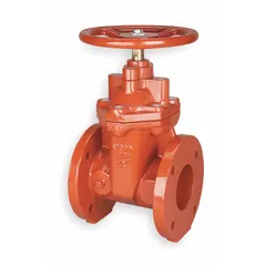 This gate valve features a ductile iron body, wedge, and bonnet with a non-rising stem design. It has an 8-inch nominal size and Class 125 flange connections, operated by a wheel. Suitable for general-purpose on/off flow control in moderate-pressure piping systems requiring full bore and minimal pressure drop.