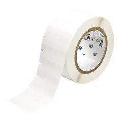 White matte vinyl wraparound label for wire and cable identification. Measures 3/4 in x 1/2 in, suitable for 16 AWG to 12 AWG wire gauge. Compatible with BBP12 printer series and requires R4300 ribbon. Used in industrial electrical panels, data centers, and manufacturing facilities for durable marking.