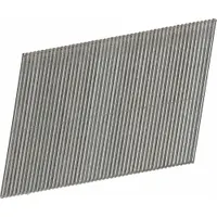 2-inch, 16-gauge finish nails with a 20-degree collation angle and chisel point, galvanized for corrosion resistance. Used in trim, finishing, and brad nailing applications such as woodworking, cabinetry, and molding