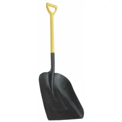 Standard scoop shovel with a steel #12 blade measuring 19 inches in length and 14-1/2 inches in width. Features a D-Grip handle for control. Used for moving loose materials such as grain, sand, or snow in agricultural and industrial settings.