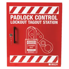 Steel lockout station with closed cover for wall mounting. Unfilled, designed to hold 1–20 lockout devices such as padlocks, hasps, and tags. No padlocks included. Suitable for organizing lockout/tagout equipment in industrial maintenance areas.