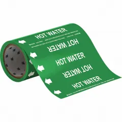 Adhesive pipe marker for identifying hot water lines. Green background with white legend text. Fits pipes with outer diameter of 2 inches and smaller. Includes directional arrows. Pack of 30 markers.