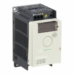 The SCHNEIDER Altivar ATV12H018M2 is a compact variable frequency drive designed for speed control of three-phase motors. It accepts single-phase input of 200-240V AC and delivers three-phase output at the same voltage, rated at 1/4 hp. Housed in an IP20 enclosure with a base plate style, it is suited for industrial applications such as conveyors, pumps, and fans.