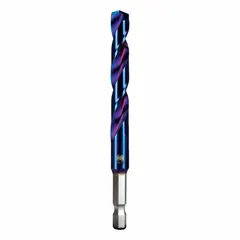 High-speed steel twist drill bit with a 137° split point for reduced walking. Impact rated with a quick-change hex shank for use in impact drivers and standard drills. Suitable for drilling into metal, wood, and plastic.