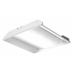 This 2 ft. x 2 ft. LED center-basket troffer delivers 1,984 lumens at 3500K color temperature, consuming 16.3 watts. It operates on 120 to 277V AC input and is designed for recessed installation in suspended grid ceilings, providing ambient lighting for commercial interiors.