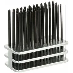 This 60-piece transfer punch set includes sizes #1 through #60 with a plain grip. The punches are stored in a box with a metal stand for organized access. Transfer punches are used to accurately mark hole locations from a template or pattern onto a workpiece in metalworking and fabrication tasks.