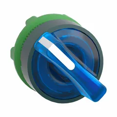 Illuminated selector-switch operator from Series XB5 with a 22 mm panel mount size. Features 2 positions with maintained/maintained action and a non-metallic bezel. No cam included. Used in industrial control panels for two-position switching applications.