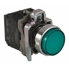 Momentary-action illuminated push button with a metallic flush profile for 22 mm mounting. Features 1 normally open and 1 normally closed contact, terminated via pressure plate. Suitable for control panel operator commands in industrial machinery and automation systems.