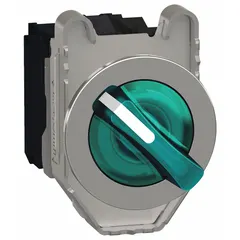 This illuminated selector switch from the SCHNEIDER XB4 series features a short-handled plastic knob with a metallic bezel for 30 mm panel mounting. It offers two positions (Off/On) with maintained/maintained action and 1NO/1NC contacts. Rated 1.2 A at 600 V AC and 0.1 A at 600 V DC, it is suitable for manual control in industrial panels and machinery.