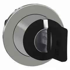 This SCHNEIDER key switch is a 3-position, panel-mounted selector without contacts, part of the Series XB4. It features a maintained/maintained/momentary switch action and key removal only in the center position. Designed for 30 mm panel mounting, it is used in industrial control panels to restrict operator access via a key.