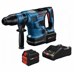This BOSCH cordless rotary hammer features a D-handle design and operates on 18V DC with an SDS-Max chuck, accepting bits up to 5 inches in diameter. It delivers 0 to 2,760 bpm in hammer-and-rotate mode, suitable for drilling and chiseling in concrete, masonry, and stone. The kit includes two 12.0Ah batteries and one charger.