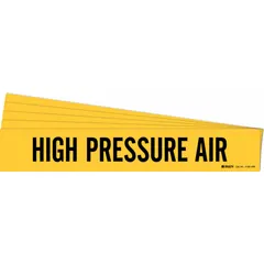 Yellow adhesive pipe marker with black legend text reading 'High Pressure Air'. Designed for pipe outer diameters of 8 inches and larger. Each pack contains 5 markers, each without directional arrows. Used to identify high-pressure air lines in industrial piping systems.