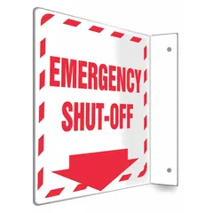 This L-shape projection sign is designed for emergency shut-off identification. It features an 8 in x 8 in panel with mounting holes for secure attachment to walls or structures. The sign is non-retroreflective and does not glow in the dark, making it suitable for well-lit indoor environments where clear, fixed signage is required.