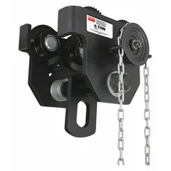 Geared trolley designed for moving hoists along tapered beams in industrial settings. Steel frame construction supports hoist loads up to 10,000 lb. Suitable for applications requiring controlled positioning of loads along overhead beams.