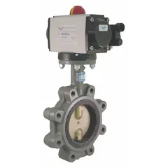 This pneumatically actuated butterfly valve features a ductile iron body and is configured for air-to-air operation. It is intended for on/off or throttling control of water in general-service industrial piping systems. The valve does not include a pilot solenoid voltage.