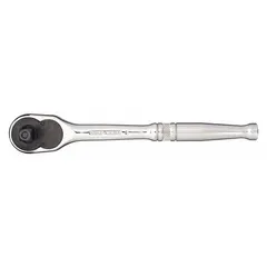 This standard-head ratchet features a reversible pear head design with a chrome finish. It has an overall length of 7 3/4 inches and a minimum arc swing of 8°, suitable for tightening and loosening fasteners in confined spaces during automotive repair, machinery maintenance, and general assembly tasks.