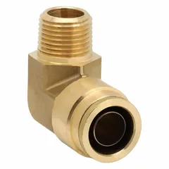 This brass adapter elbow features a push-to-connect fitting on one end for 3/4 in OD tubing and a 3/4 in male NPT thread on the other. It is used in air brake and pneumatic systems to connect tubing to threaded ports without tools, providing a corrosion-resistant connection.