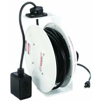 Self-retracting cord reel with ratchet lock mechanism. Cord length 50 ft, 12 AWG SJOW cable. Feeder cord ending NEMA 5-20P, retractable cord ending NEMA 5-20R. Used for organized cord management in industrial settings, reducing trip hazards and keeping work areas tidy