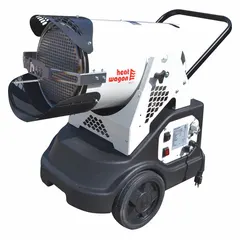Wheeled-mounted torpedo heater with 2,875 sq ft heating area. Features LED diagnostics and 11.3 gal tank for up to 13 hours of operation. Dimensions: 35-1/4 in x 31-3/4 in x 32 in. Suitable for temporary or supplemental heating in large open spaces such as construction sites, warehouses, and workshops.