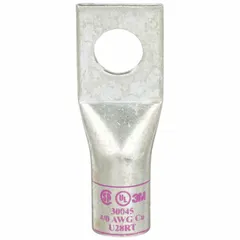 One-hole compression lug for terminating 4/0 AWG stranded copper wire. Features a standard barrel type and 1/2 in stud size. Suitable for use in electrical panels, switchgear, motor connections, and grounding applications requiring reliable, low-resistance terminations.