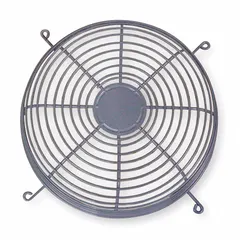 This metal wire fan guard is designed for use with hydronic wall and ceiling unit heaters. It meets OSHA requirements for protecting personnel from moving fan blades. The guard has a diameter of 35-1/2 inches and a depth of 7-3/8 inches, with a dark gray finish.