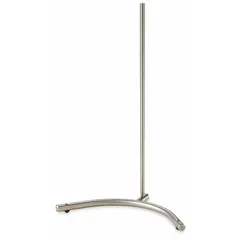 Stainless steel lab support stand with a 5/8 in diameter rod, 18 in overall height, and 10 1/2 in overall length. Includes a 28 in support rod. Used for mounting clamps, glassware, and apparatus in titration, filtration, and other laboratory setups.