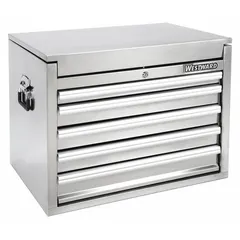 This light-duty top chest features five drawers for organized storage of tools and small parts. It includes drawer liners and is keyed for security. Overall width is 26 1/4 inches and overall depth is 17 5/8 inches.