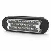 Rectangular amber LED warning light for vehicle perimeter applications. Operates on 12-24V DC with 29 selectable flash patterns. Features grommet mount and blunt cut wires for surface-mount installation on trucks, trailers, and service vehicles. Overall width 1 3/16 in