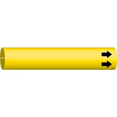 Blank snap-on pipe marker with yellow background and black legend text. Fits pipe outer diameters from 1-1/2 to 2-3/8 inches. Includes directional arrows. No pre-printed text for custom labeling of industrial piping systems.