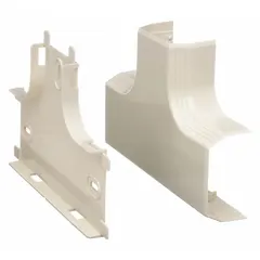 Plastic tee fitting for nonmetallic single-channel raceway systems. Used to create branch or junction points in T45 raceway runs, enabling cable routing around corners or to multiple outlets. Screw-on mounting. Color: Off White.