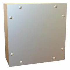 This HAMMOND enclosure is fabricated from 304 stainless steel for corrosion resistance. It measures 10 inches by 10 inches by 4 inches and features a solid cover secured with screws. Rated NEMA 12/3/4X, it is suitable for protecting electrical controls and instruments in indoor or outdoor industrial environments where resistance to moisture, dust, and corrosion is required. Knockouts are not included.