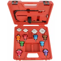 This cooling system tester kit is used for pressure testing radiator caps and cooling systems on most domestic and imported vehicles. It includes a universal radiator test adapter and is suitable for cooling system service and leak diagnosis.