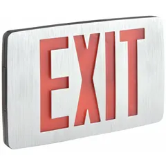 Aluminum exit sign with LED illumination and nickel cadmium emergency battery backup. Operates on 120/277 V AC. Black housing with red text and one face. Universal field selectable chevrons allow directional indication. Suitable for ceiling or wall mounting in commercial and industrial buildings.
