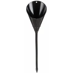 Steel funnel with 64 fl oz capacity, 7 in diameter, and 28 in height. Includes a removable 50 grit mesh brass strainer screen and a flex spout for reaching confined fill points. Suitable for transferring fluids such as oil, coolant, or fuel in automotive, industrial, and agricultural settings.