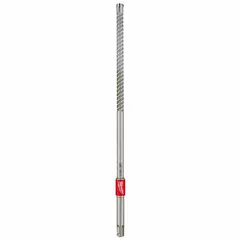 This SDS-Plus rebar cutting drill bit has a 3/8 in diameter, 12 in overall length, and 10 in maximum drilling depth. It is used with rotary hammers for drilling through rebar, concrete, and masonry in construction and reinforcement work.