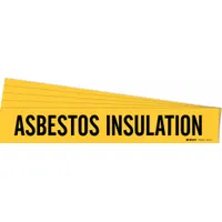 Yellow adhesive pipe marker with black legend reading 'Asbestos Insulation', designed for pipe outer diameters from 2-1/2 to 7-7/8 inches. Sold in a 5-pack, this marker is applied directly to pipe surfaces to identify asbestos-containing insulation in industrial piping systems, HVAC, and boiler rooms