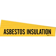 Yellow adhesive pipe marker with black legend reading 'Asbestos Insulation', designed for pipe outer diameters from 2-1/2 to 7-7/8 inches. Sold in a 5-pack, this marker is applied directly to pipe surfaces to identify asbestos-containing insulation in industrial piping systems, HVAC, and boiler rooms.