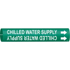 Snap-on pipe marker for identifying chilled water supply lines. Green background with white legend and directional arrows. Fits pipe outer diameters from 3/4 to 1-3/8 inches. Suitable for use in HVAC and plumbing systems to facilitate pipe identification and maintenance.