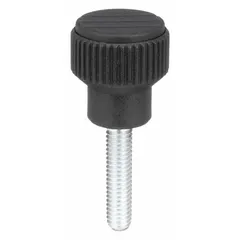 Knurled knob with threaded stud for manual adjustment and clamping in industrial machinery, jigs, and fixtures. Plastic body with stainless steel threaded stud. Gray finish. Thread size #10-32, 20 mm thread length, 21 mm diameter.