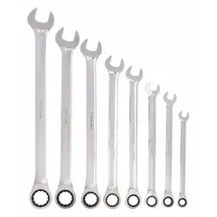 This 8-piece SAE 12-point ratcheting combination wrench set covers head sizes from 5/16 in to 3/4 in. The wrenches are made of alloy steel with a chrome finish. Suitable for tightening and loosening fasteners in maintenance and assembly tasks. Includes a storage rack.