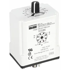 Socket-mounted single function time delay relay rated for 10 A at 120V AC/DC. Features 8 pins/terminals for connection. Used in industrial control panels for delaying switching of loads in automation, HVAC, and process control applications.