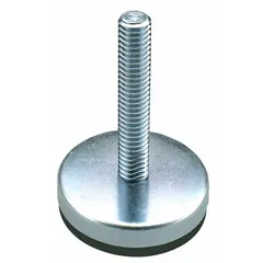 This male leveling mount features a 5/8"-11 threaded stud and a round base with plain finish. The rubber thrust pad provides non-skid grip and vibration dampening. Rated for 500 lb load capacity, it is used for leveling and stabilizing machinery, conveyors, and workstations.
