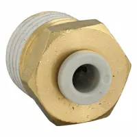 Brass push-to-connect adapter fitting for 4 mm OD tubing with 1/4" BSPT male thread. Used in pneumatic systems to connect tubing to threaded ports. Provides a secure, leak-free joint in air-line applications