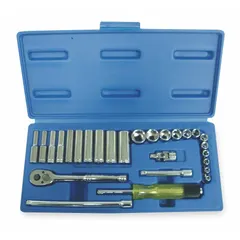 This 27-piece SAE socket set includes 6-point sockets ranging from 5/32 in to 9/16 in, with a 1/4 in drive. Drive tools are included for tightening and loosening fasteners in automotive repair, machinery maintenance, and general assembly tasks.