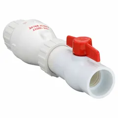 This PVC combination valve integrates a silent spring-loaded swing check valve with a ball valve in an inline body for water media. It prevents backflow while allowing manual shutoff. Suitable for sump pump discharge lines, irrigation, and other water systems requiring flow control.