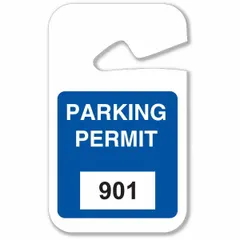 Blue vinyl parking hanger for designating authorized parking in lots or facilities. Each card measures 4 3/4 inches in height and 2 3/4 inches in width. Pack of 100.