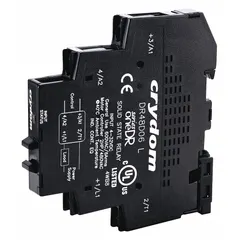 DIN-rail mounted solid state relay with integral heat sink and SCR output for switching AC loads from 48 to 600V. Suitable for industrial control panels and automation systems requiring silent and fast switching.