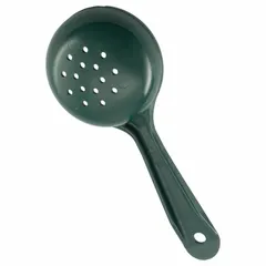 This 4 oz portion control spoon is made of green acetal and features a perforated bowl for draining liquids. It is NSF certified and designed for accurate serving of solid or semi-solid foods in commercial food service settings.