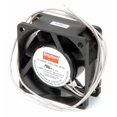 Standard square axial fan with polybutylene blade and polybutylene terephthalate housing. Operates on 115V AC, delivers 18 cfm at 0.000 in static pressure. Measures 2 3/8 in height by 1 in depth. Features lead wire connections and IP20 rating. Suitable for cooling and ventilation in compact electronic enclosures, control panels, and small equipment.