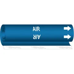 Wrap-around pipe marker with blue background and white legend reading 'Air' and directional arrows. Fits pipe outer diameters from 1-1/2 to 2-3/8 inches. Used to identify air piping systems in industrial facilities for safety and maintenance.